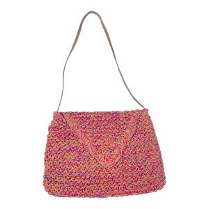 Paper Straw Colorful Crossbody bag, Pink, Orange, Tan. Snap button closure.